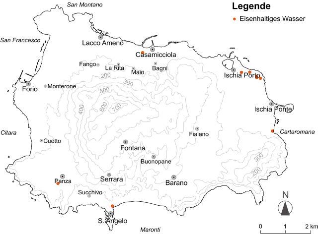 Grafik des Buches: Führer zu den Thermalwässern der Insel Ischia. Eisenhaltigen Thermalwasser